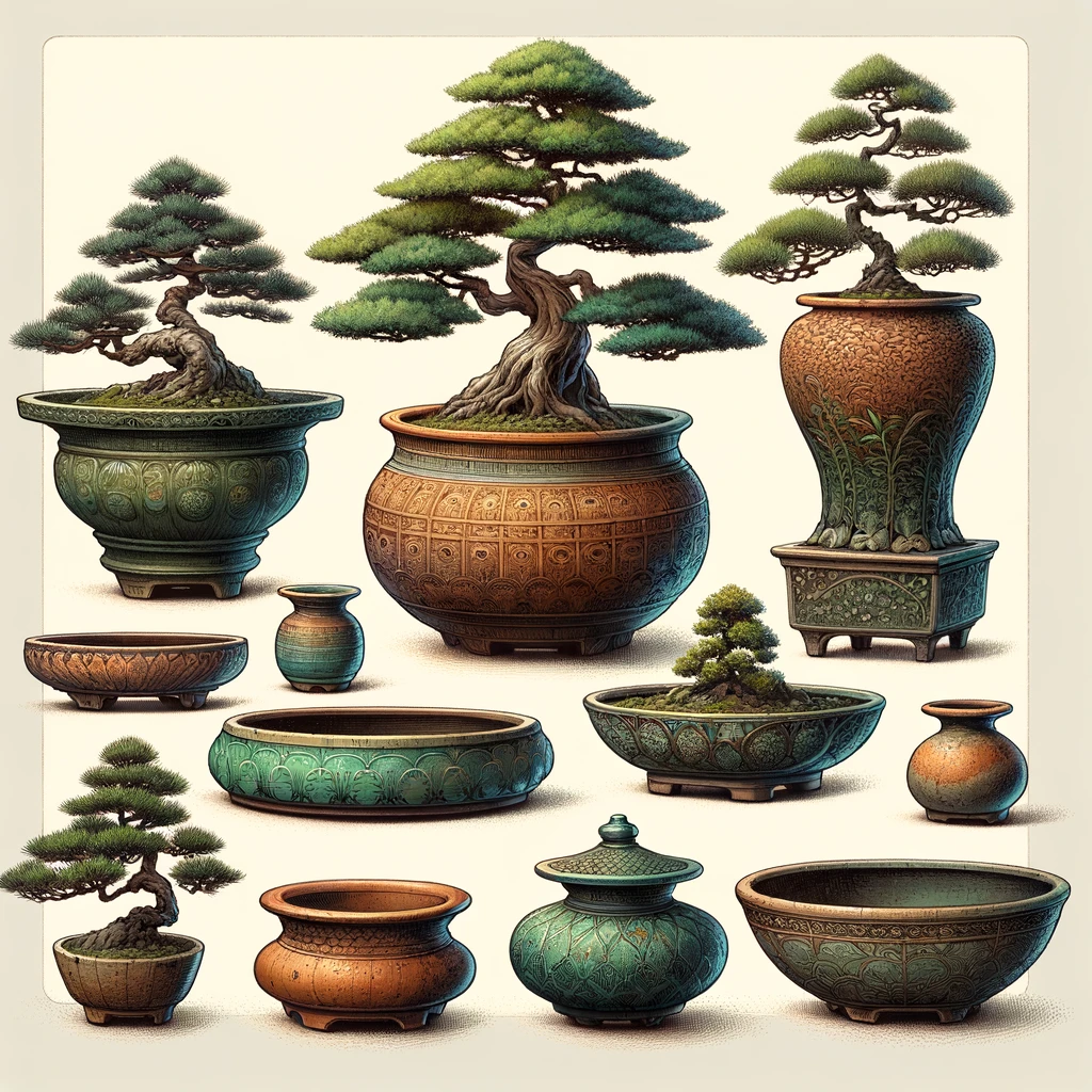 various bonsai pots showing